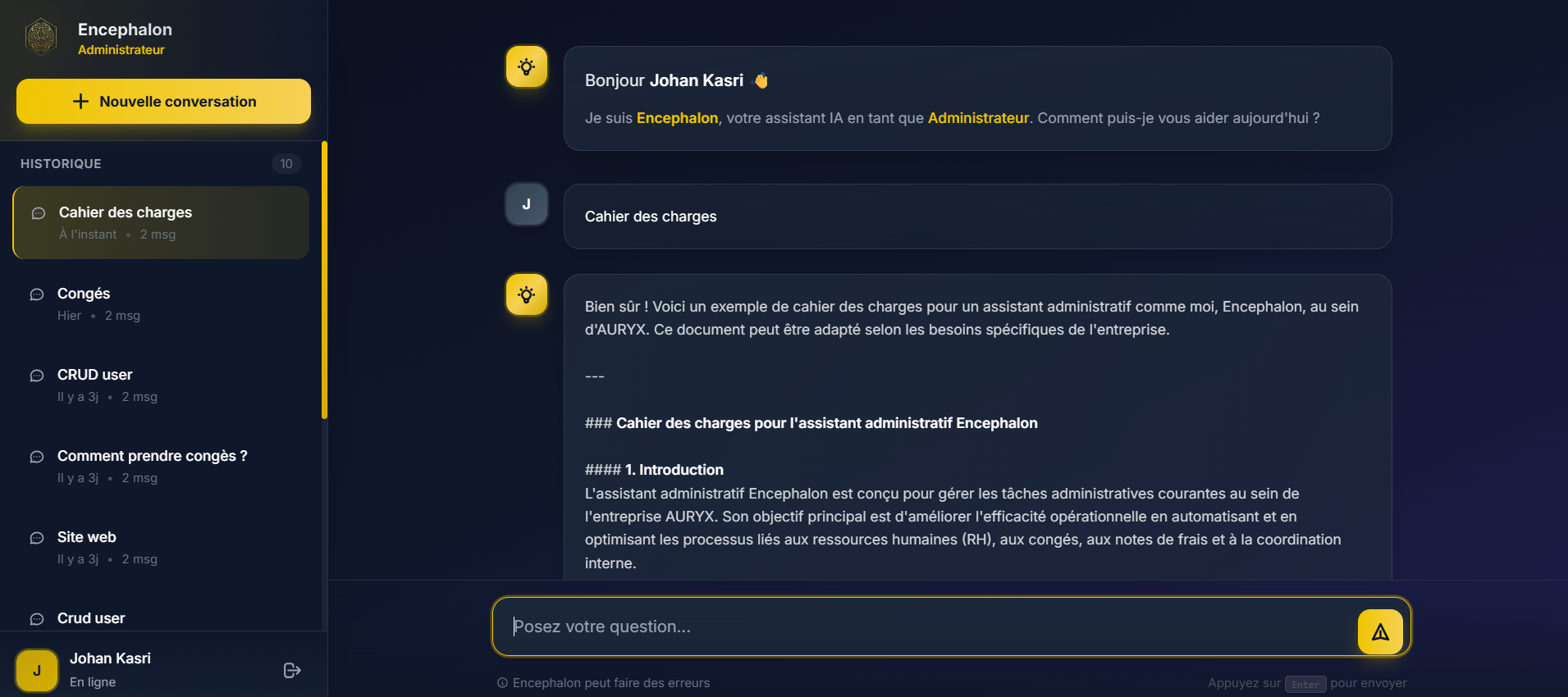 Capture d'écran du projet Encephalon - Assistant IA d'AURYX